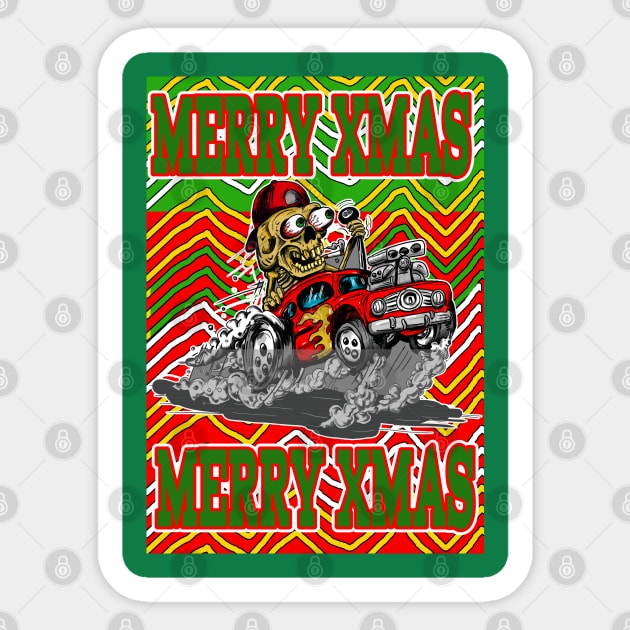 Merry Xmas Hot Rod Driver  Ugly Christmas Sweater in Bad Taste Sticker by silentrob668